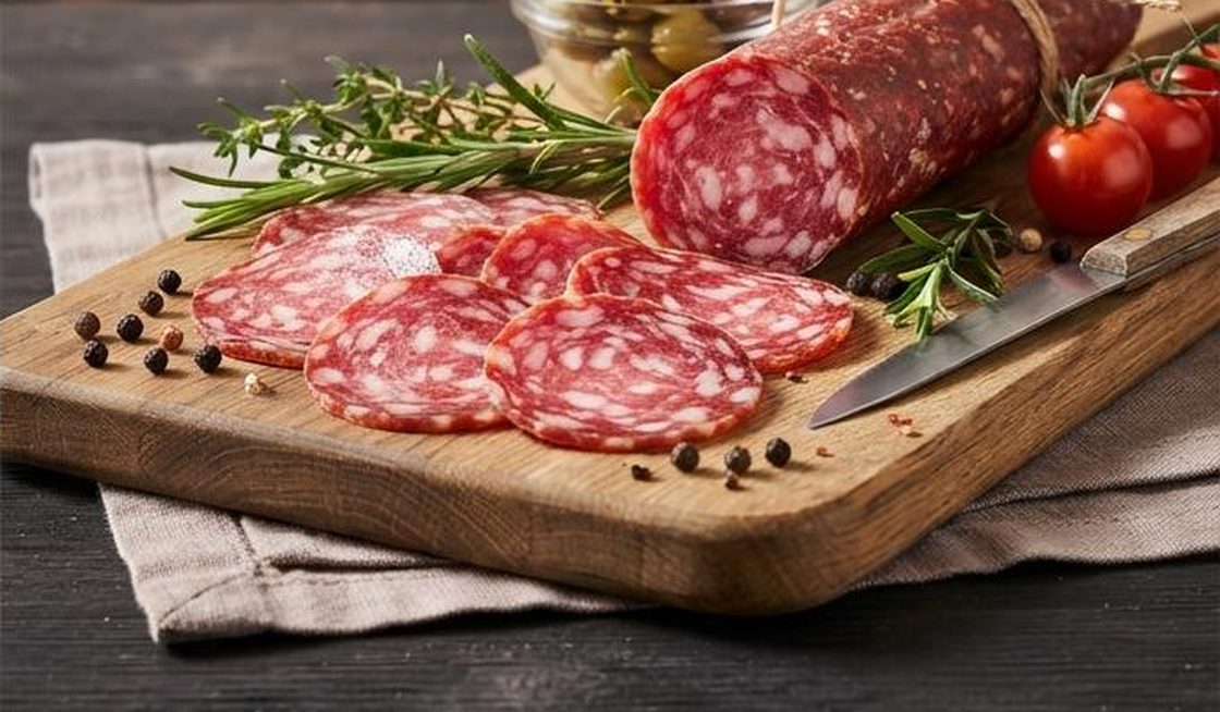 Pizza mit Salami und frischen Tomaten auf hellem Holz