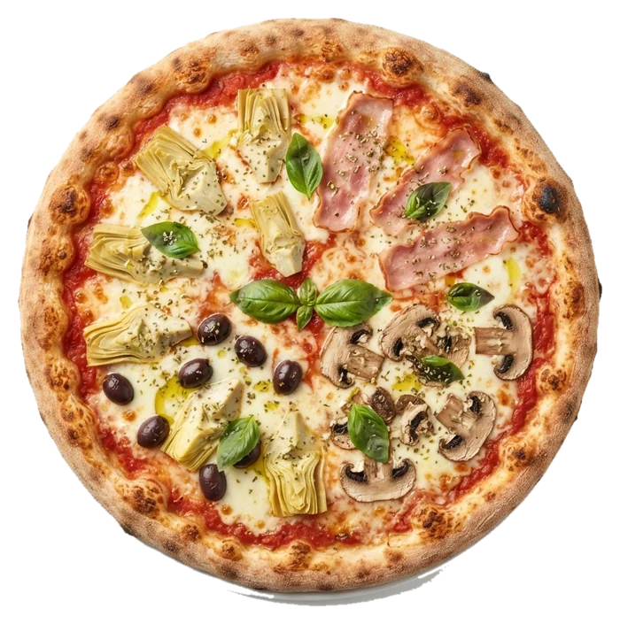 Pizza Capricciosa mit Schinken, Artischocken und Oliven